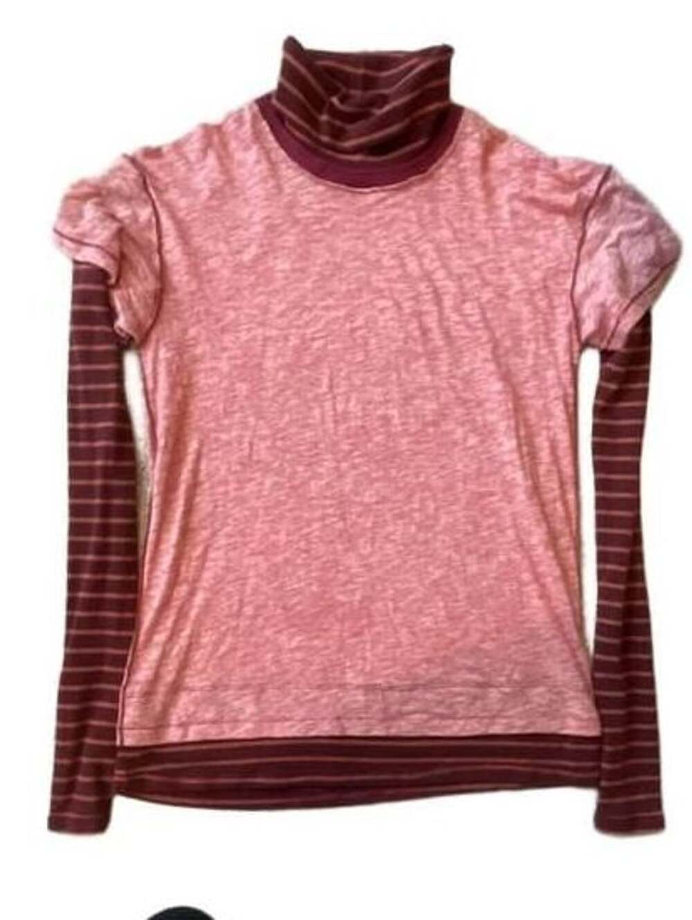 We The Free Layered Turtleneck Sweater Size L Pink Burgundy Striped Knit Top